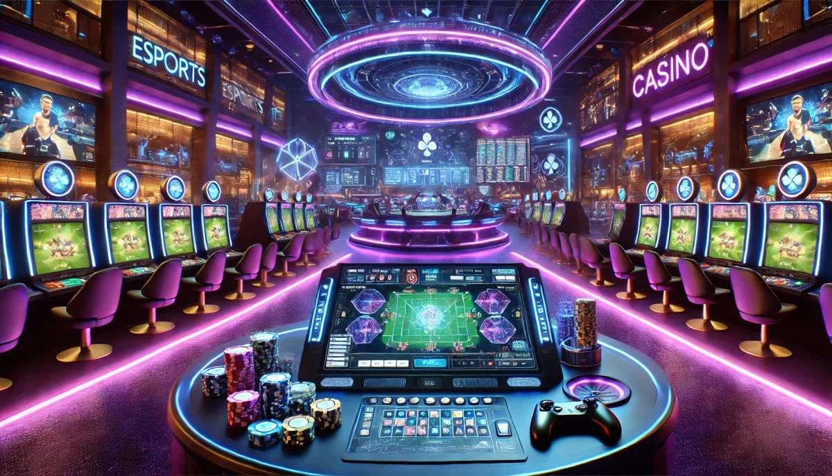 A high-tech casino merged with esports gaming, illuminated by dark neon purple and blue lights. The scene showcases a futuristic betting terminal with holographic esports match data, digital casino chips, and gaming controllers. In the background, a massive esports arena with glowing neon screens displays live tournaments, while cybernetic slot machines and poker tables integrate gaming elements. The atmosphere is immersive, blending the thrill of betting with competitive gaming.